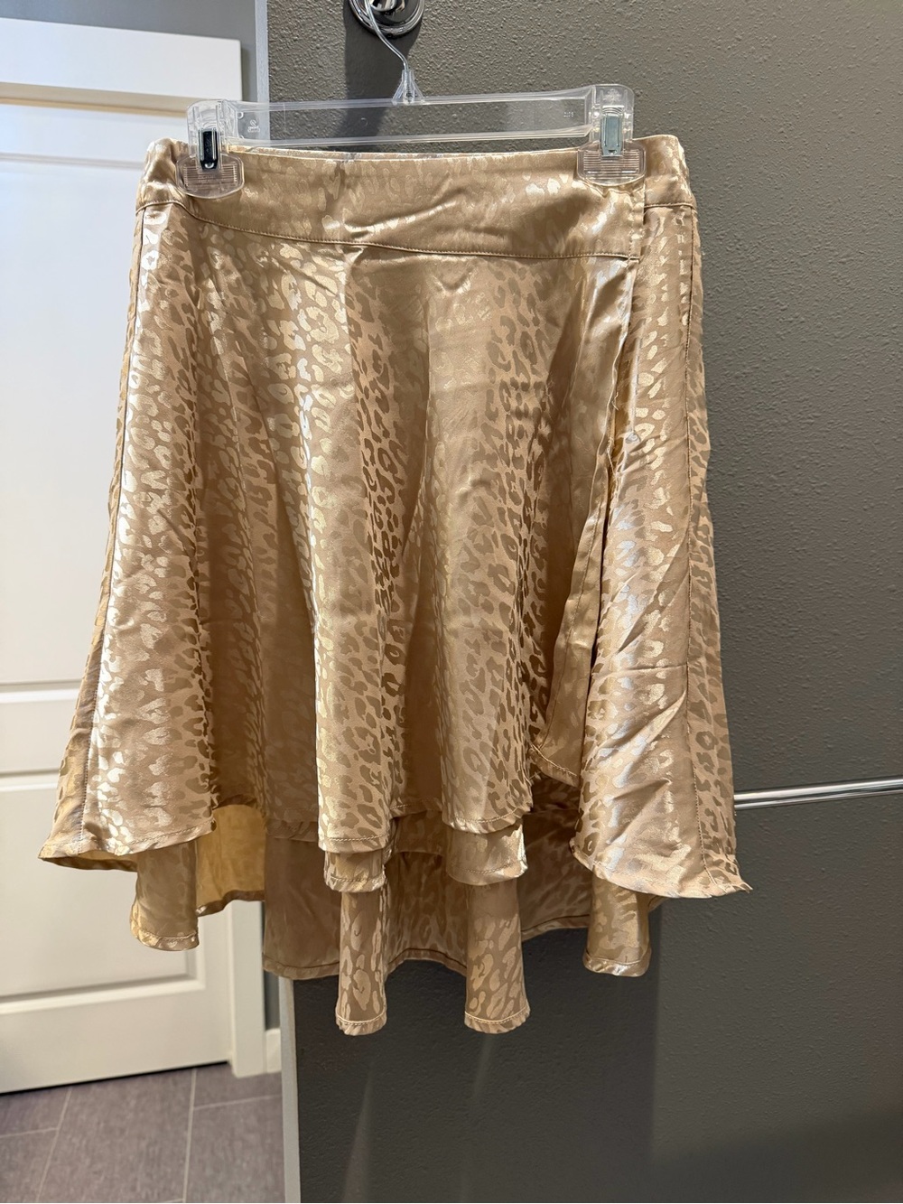 JODIFL Champagne Satin High-Low Animal-Print Skirt